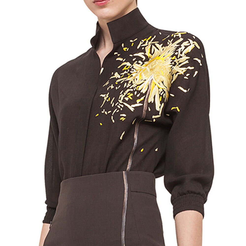 Akris Calendula Embroidered Floral Print Wool Top Blouse Brown Dandelion 14