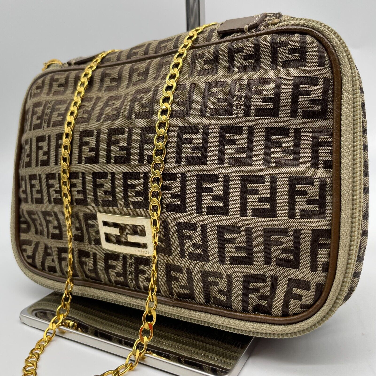 FENDI Chain Shoulder Bag Zucchino canvas FF logo Gold Hardware Khaki Authentic