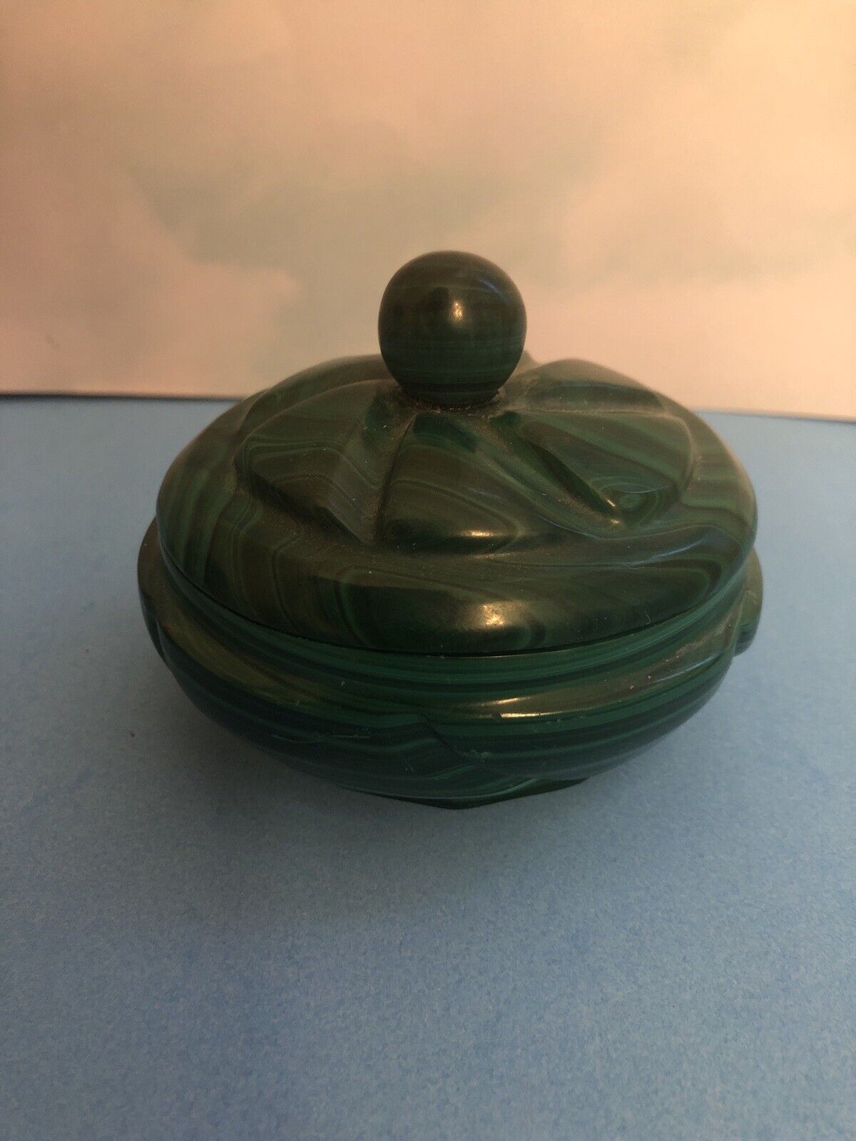 Gorgeous Dark Green Malachite Hand Carved Box Vintage New Old Stock 17.3 Ounces