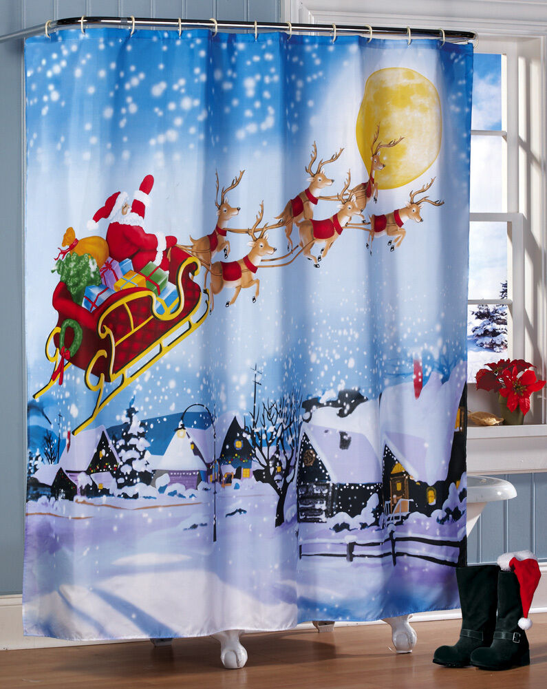 CHRISTMAS Santa Reindeer Fabric Shower Curtain & Rings Machine Wash