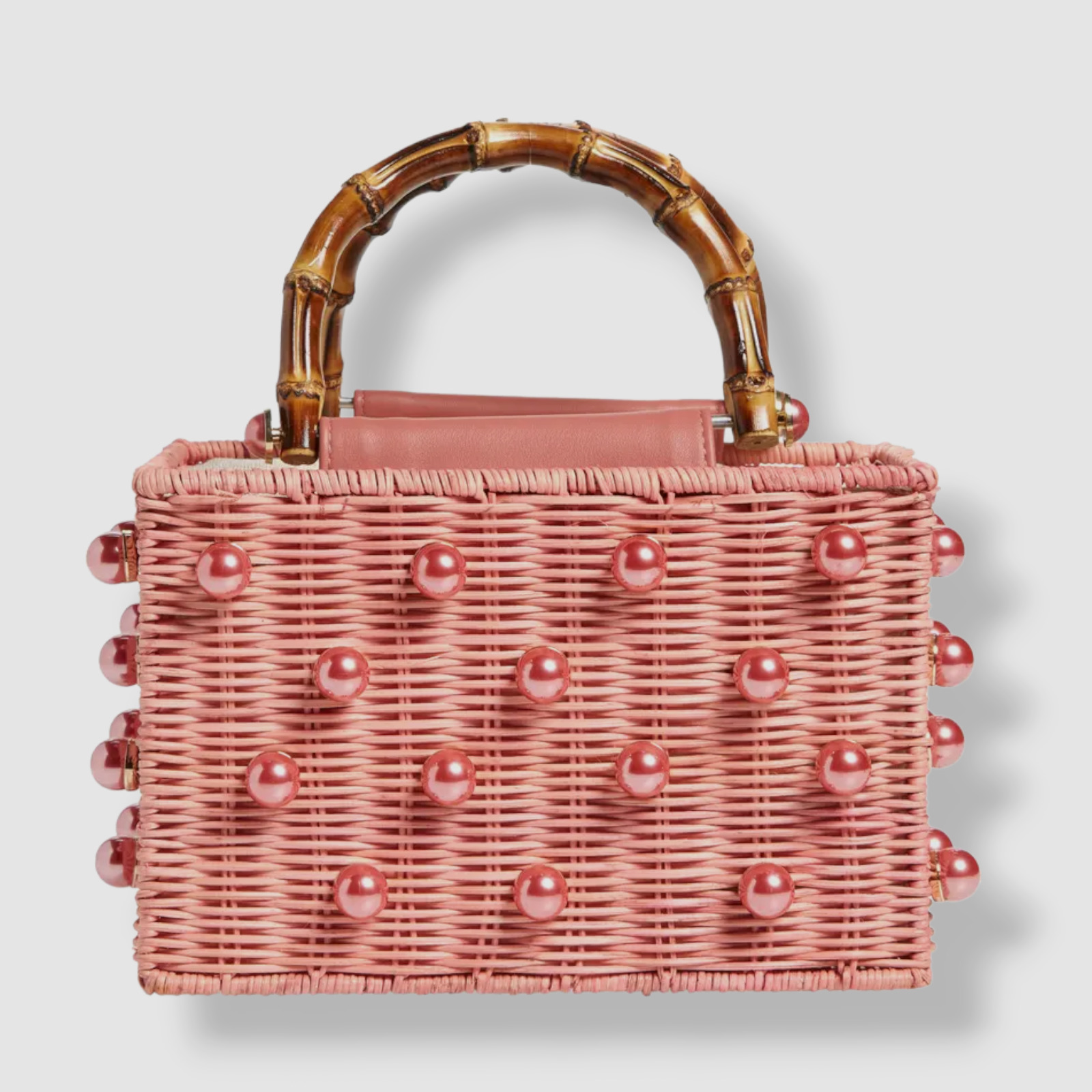 $186 BTB Los Angeles Women\'s Pink Chloe Imitation Pearl Rattan Top Handle Bag