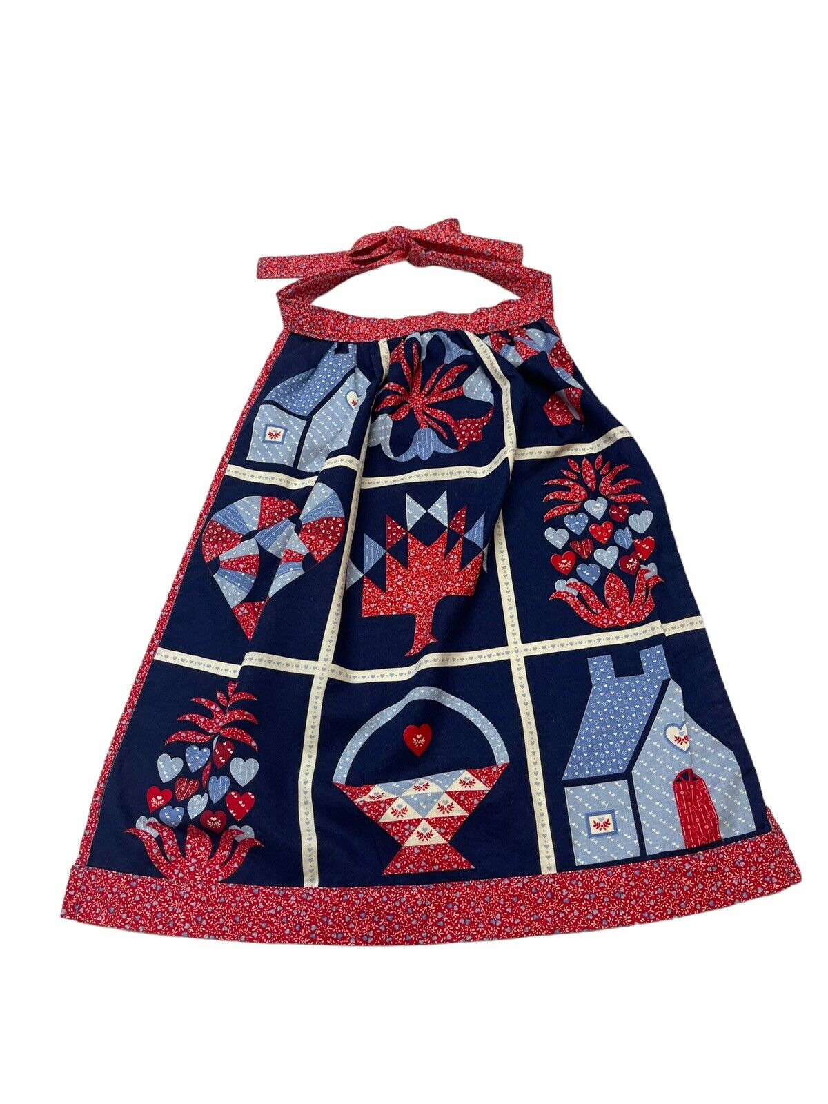 Vtg Children’s Half Apron Cottagecore Blue Red Floral Baskets Cottages Houses