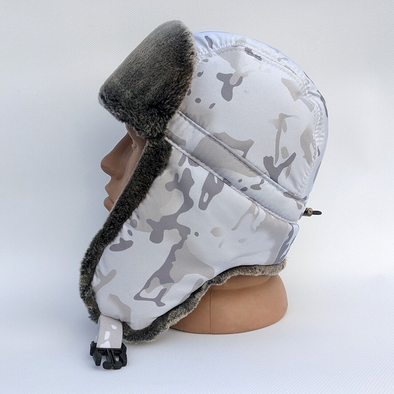 Essential Winter Wear: Men\'s White Camo Hat with Earflaps ZSU Ukraine 2023