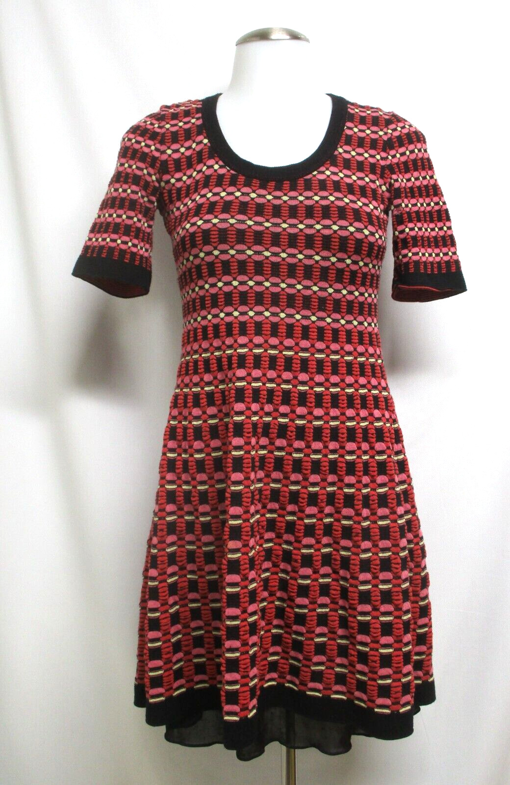 MISSONI red pink black knit sheer  stretch pattern short sleeve dress euro 42
