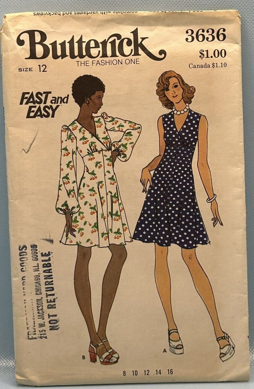 Dress Pattern High Waisted Butterick 3636 Size 12 B 34 1970's Chic Glam Vintage