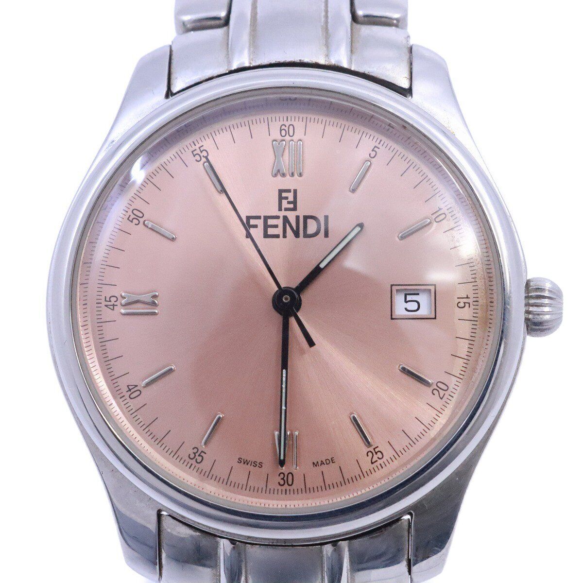 Fendi 210G Round Quartz Men\'S Watch Pink Dial Genuine Ss Belt