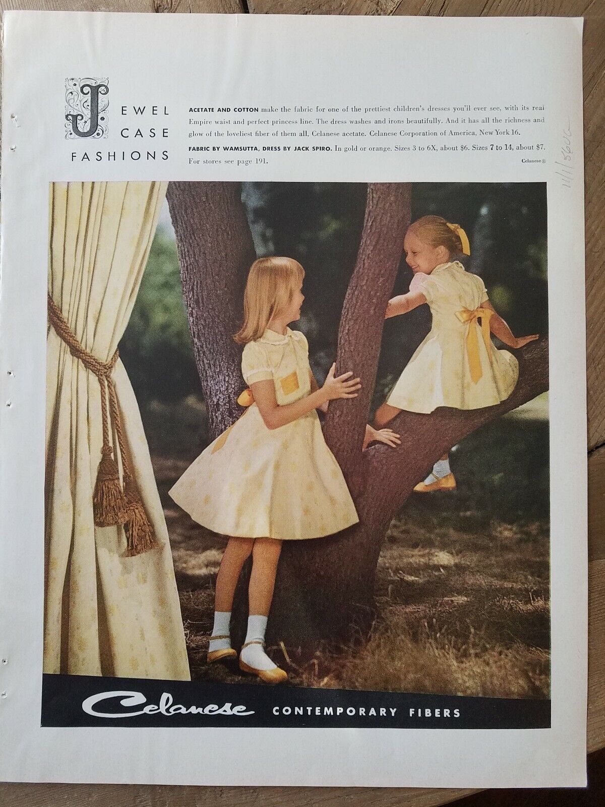 1956 Celanese contemporary fibers little girls yellow dresses by Jack Spiro ad