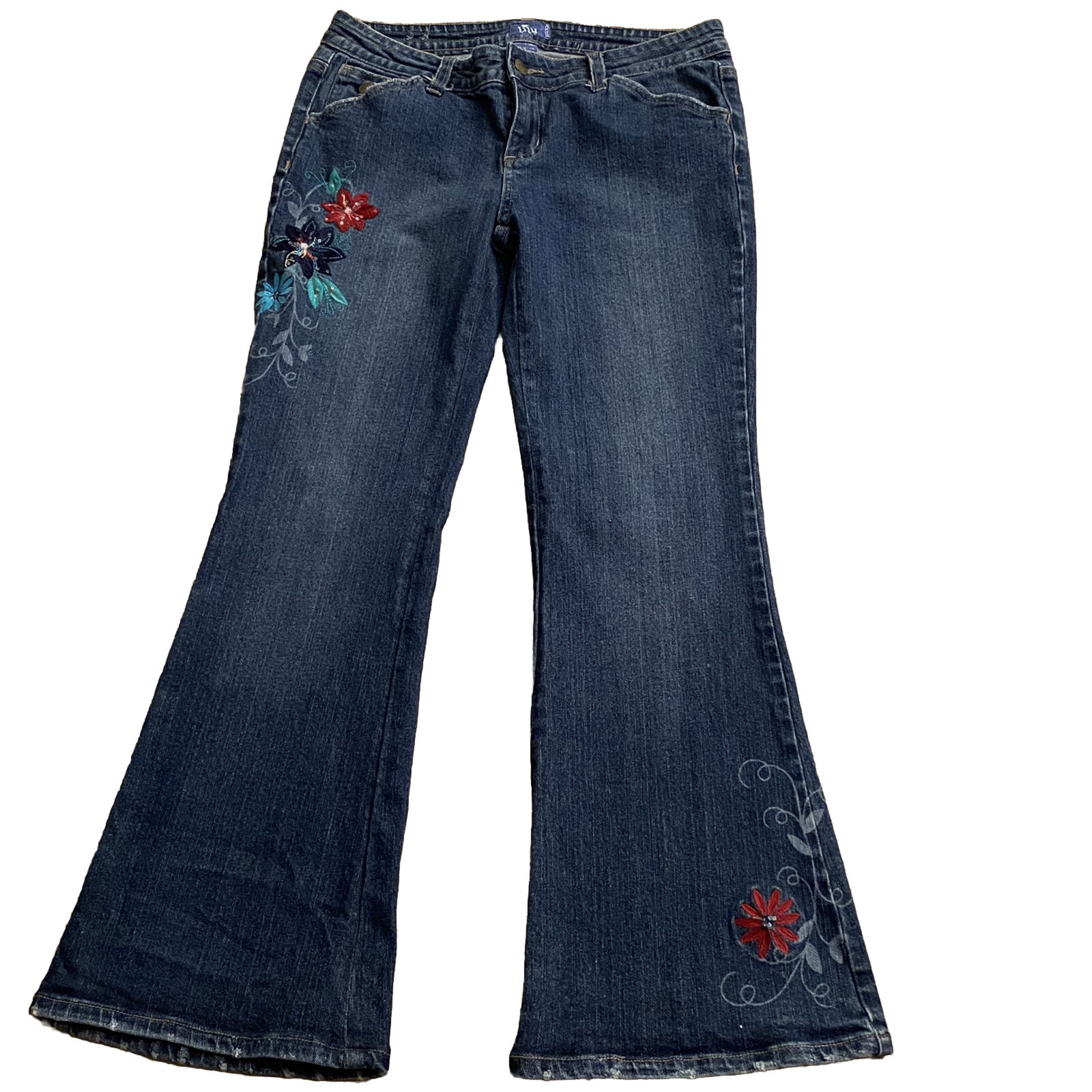 Teen Junior Wide Leg Size 7 Embroidered Floral LILU Stretch Low Rise Jeans 