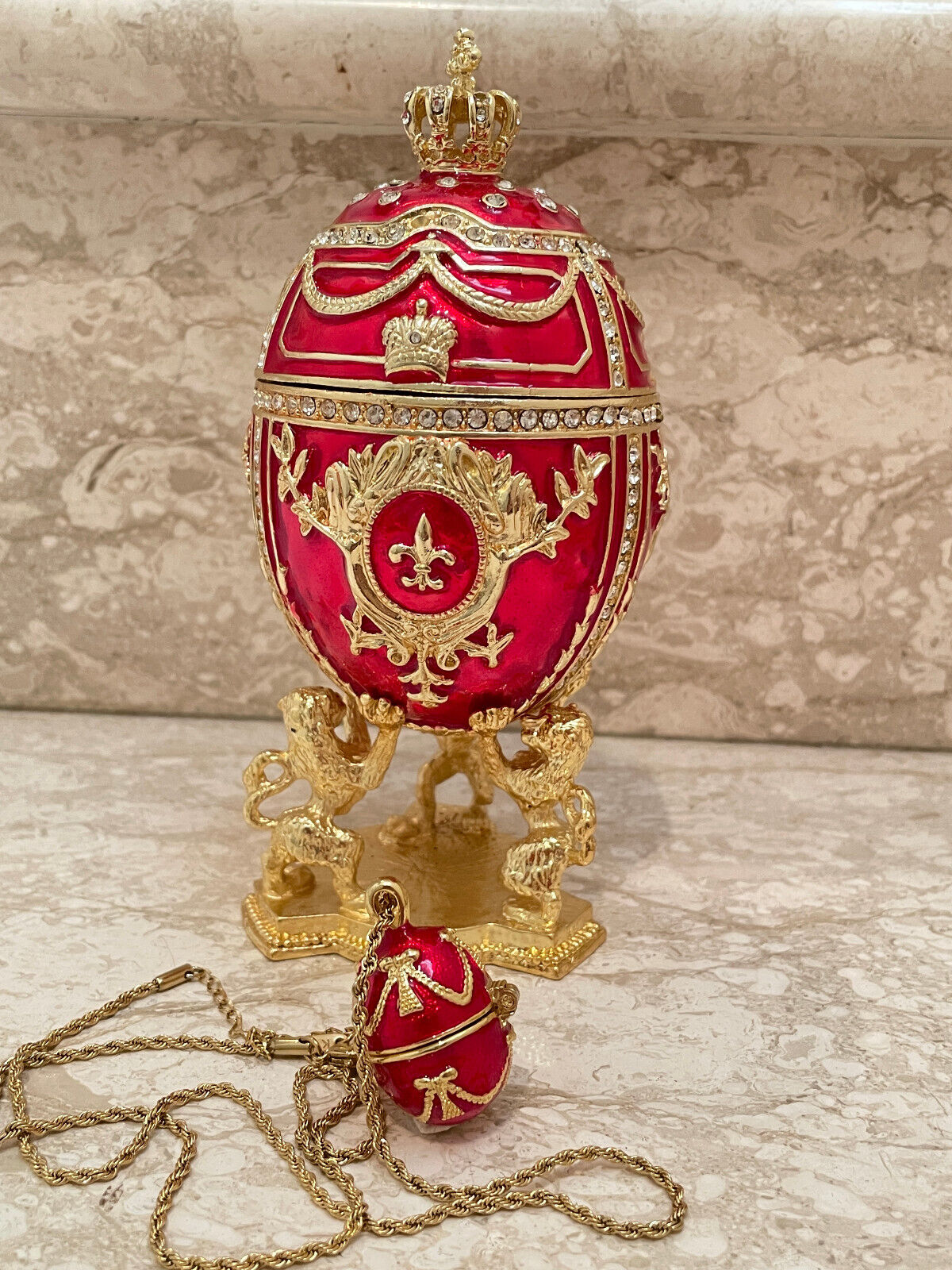 Stunning Faberge Red Enamel Egg PLUS Faberge Silver Pendant Red gift for women