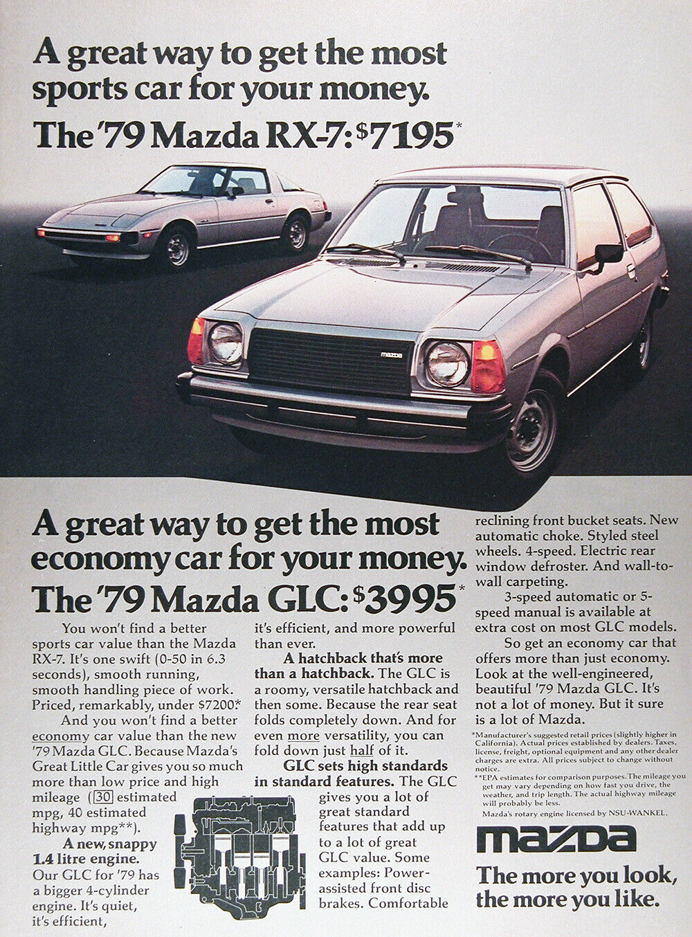1979 MAZDA GLC HATCHBACK RX-7 Genuine Vintage Ad ~ MSRP 3,995 ~  