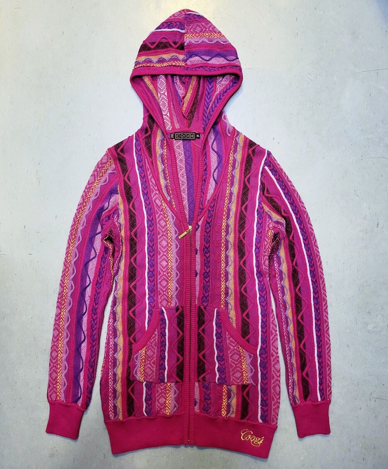Vtg 90s COOGI 100% Wool 3D Sweater Hoodie Womans Pink Sz XL