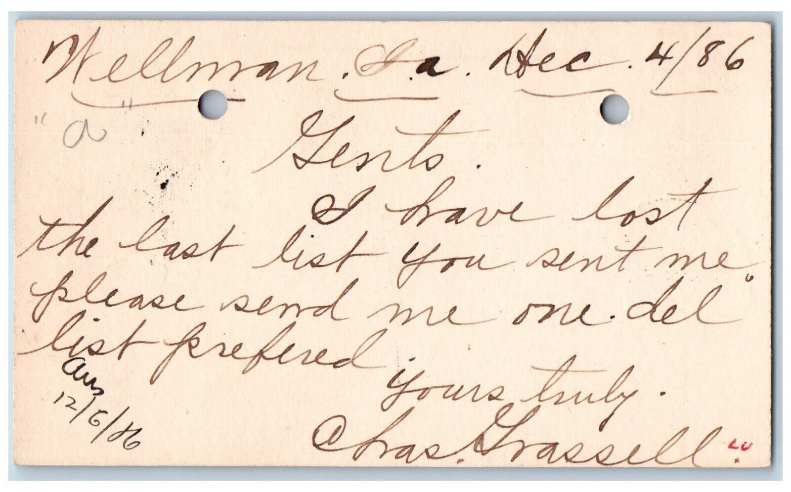 Wellman Iowa IA Clinton IA Postal Card Lost the Last List Message WJ Young 1886