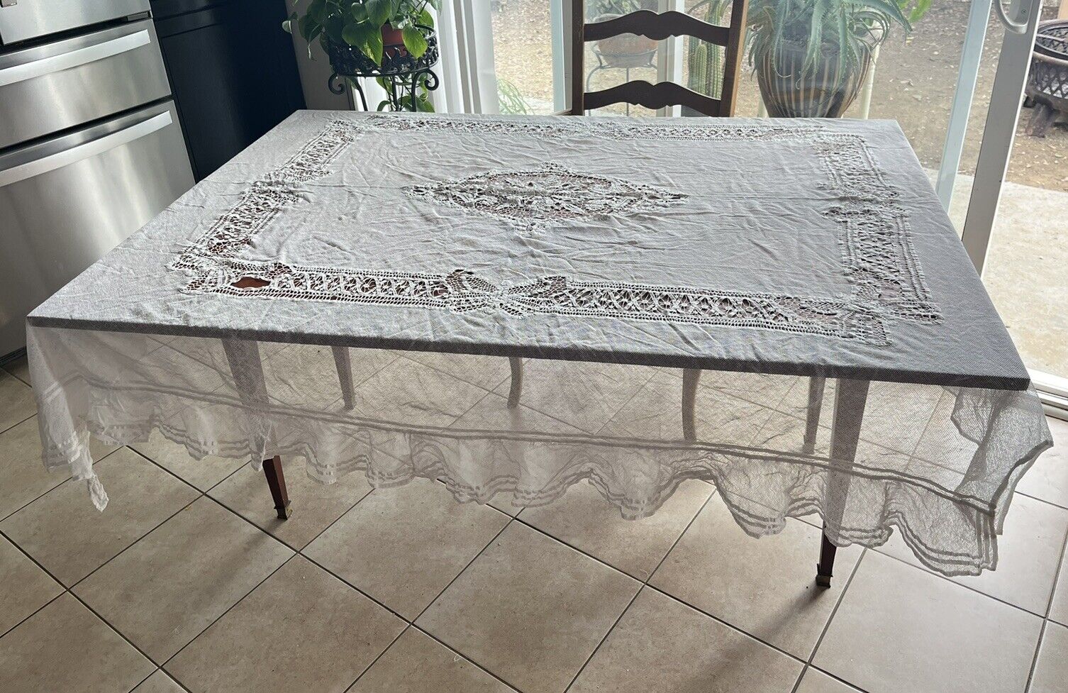 Antique French Lace Victorian Tablecloth Ivory Stunning 76 X 64”