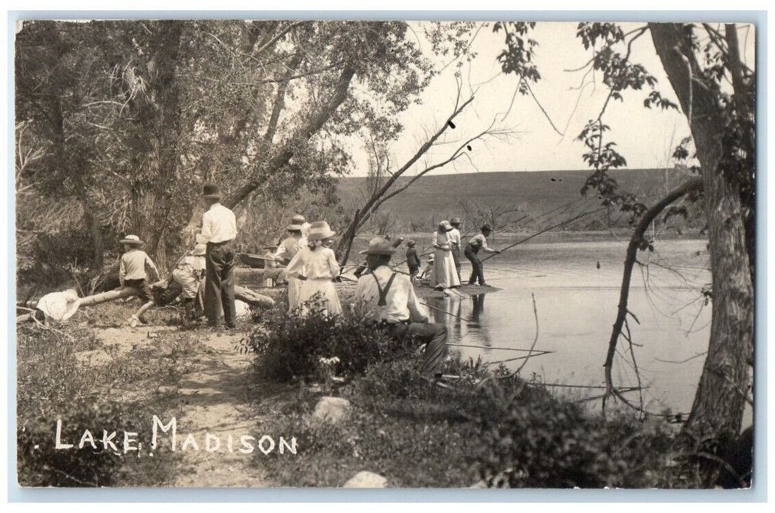 c1910's Men Women Fishing Scene Lake Madison South Dakota SD RPPC Photo Postcard