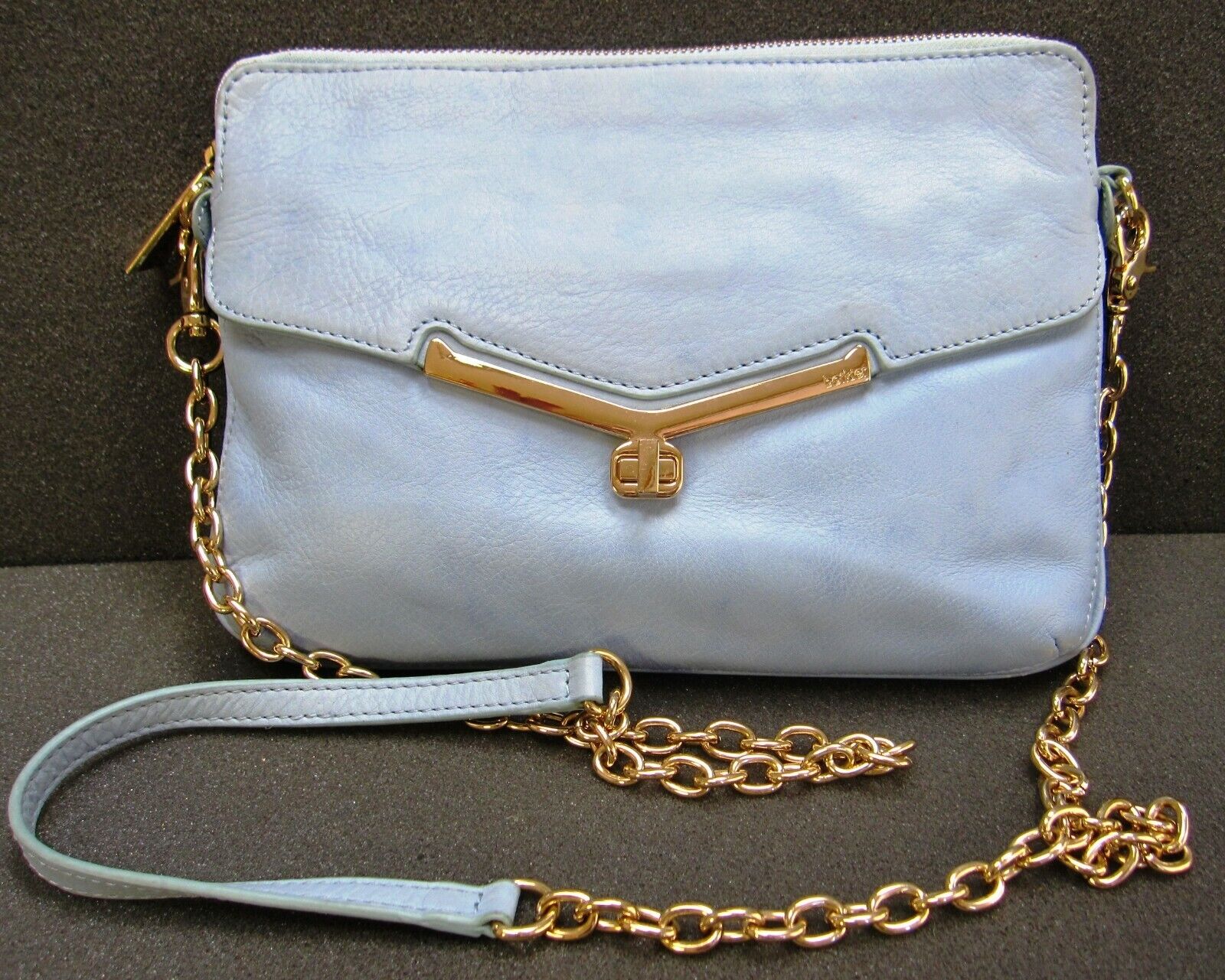 Botkier Blue Leather Cross body Clutch Bag Handbag Goldish Hardware Chain 