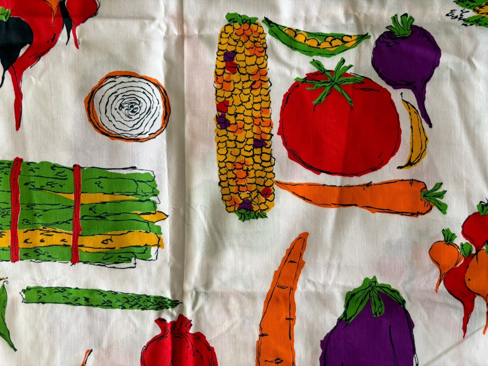 Vintage Fabric Crantex Vegetable Print Asparagus Radish Carrot Eggplant