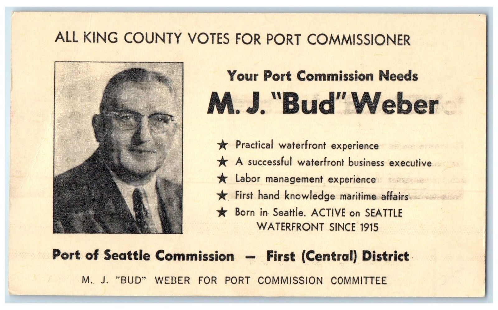 1954 M. J. Bud Weber Political Candidate Seattle Washington WA Posted Postcard
