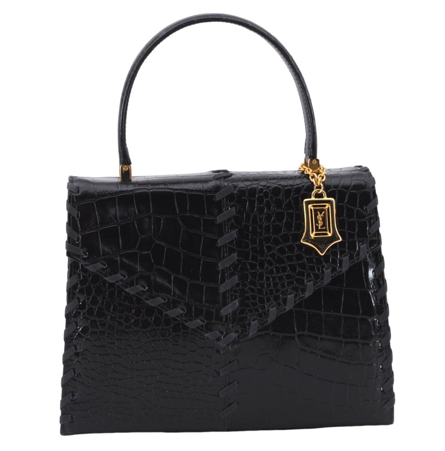 Authentic YVES SAINT LAURENT Shoulder Hand Bag Purse Leather Black 7692E
