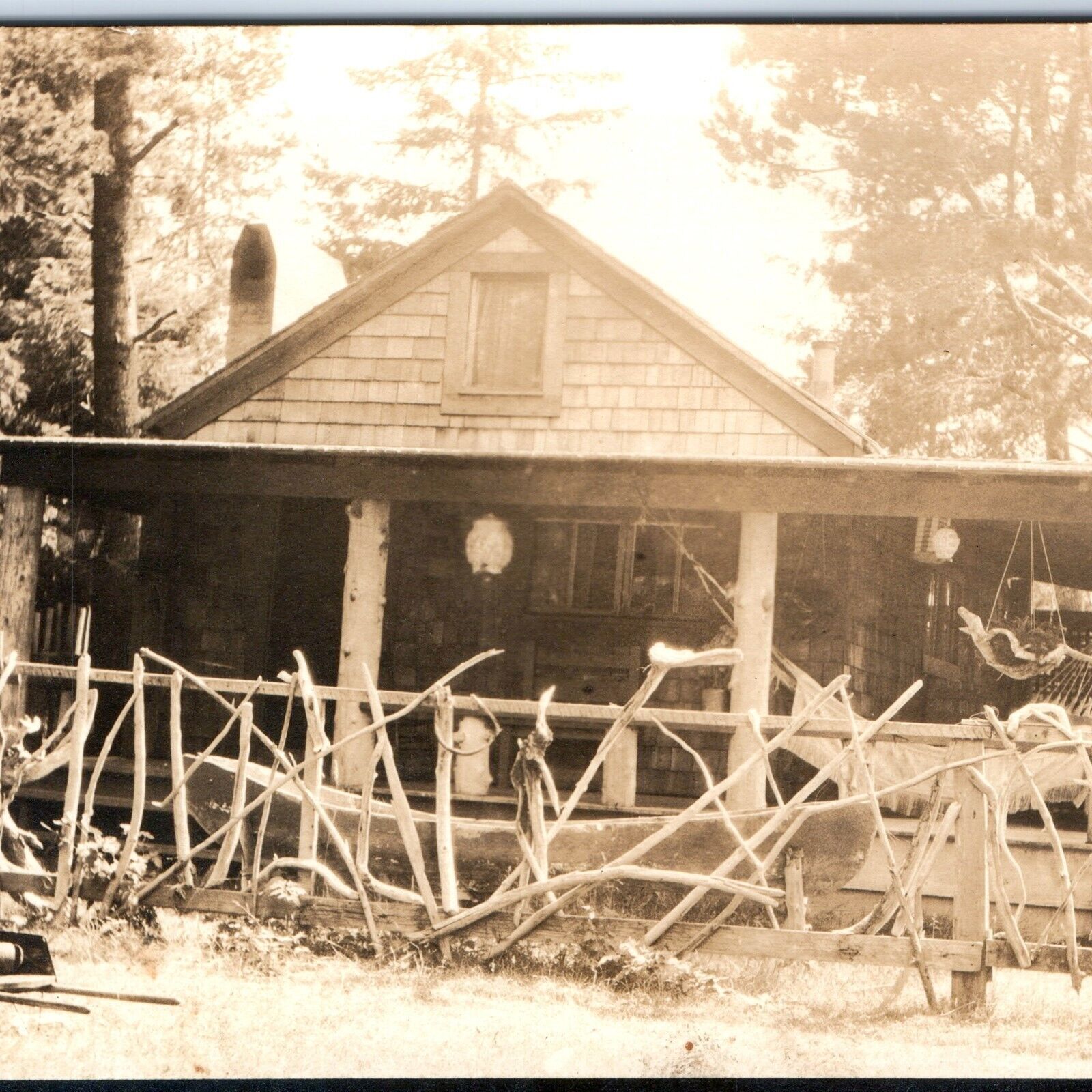 c1910s Unique Woodwork Decor House RPPC Fence Hammock Real Photo Rustic A154