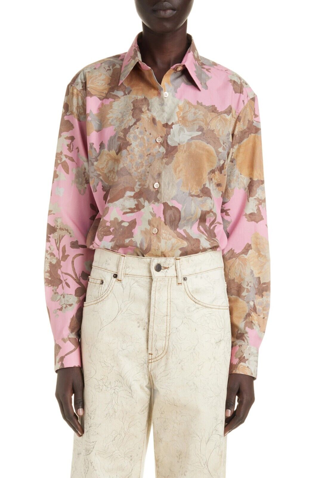 Dries Van Noten Clavelly Women\'s Cotton Shirt Blouse Pink Floral Size 44 / US 12