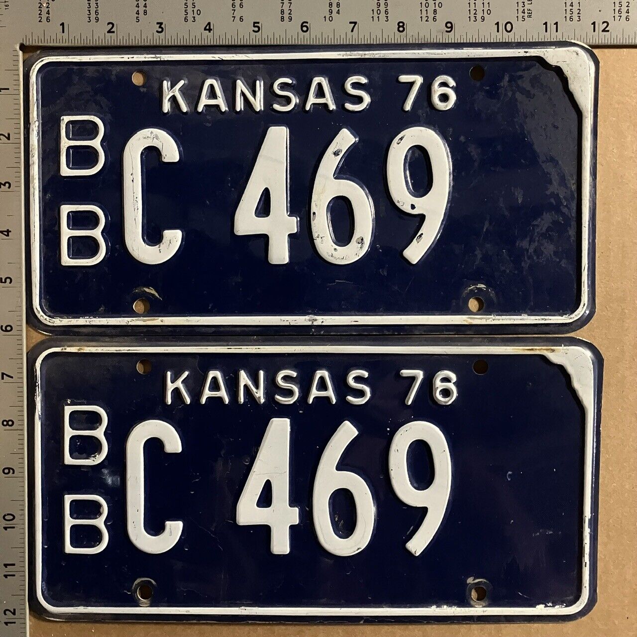 1976 Kansas license plate pair BB C 4 69 YOM DMV Bourbon Ford Chevy Dodge L230
