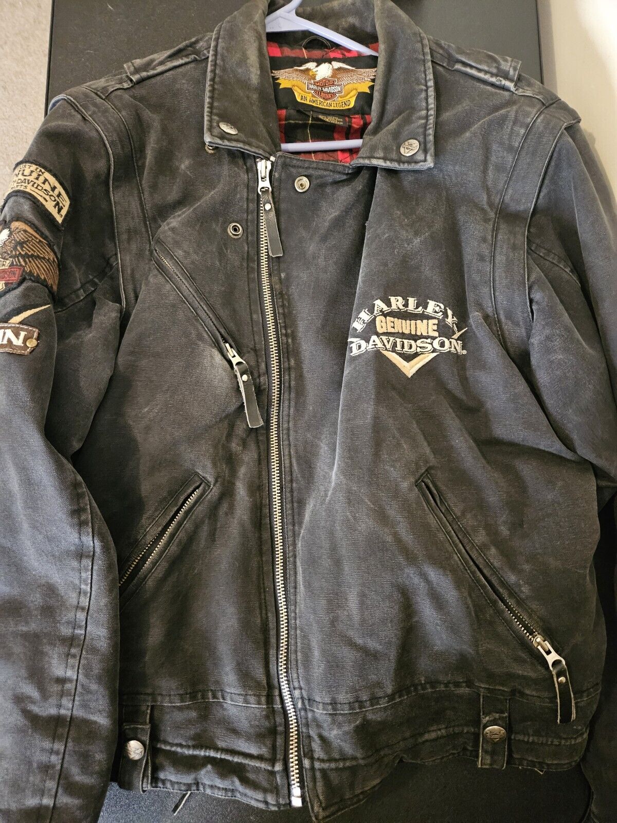 Vintage Harley Davidson Black Canvas Jacket Size Medium V Twin Patch Zipper Slee