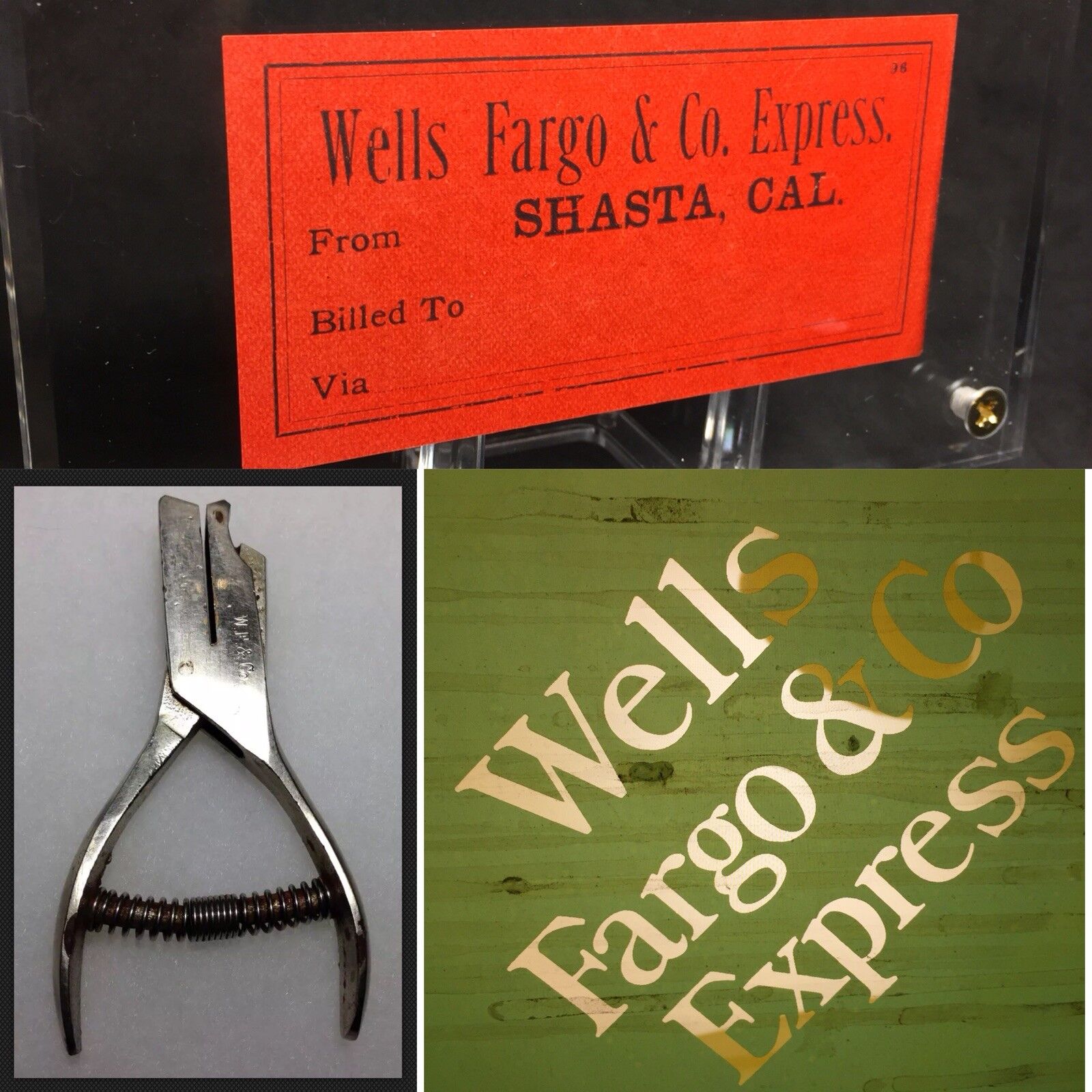 Wells Fargo & Co Exp Printers Silk Screen & Antique Train Railroad Ticket Punch