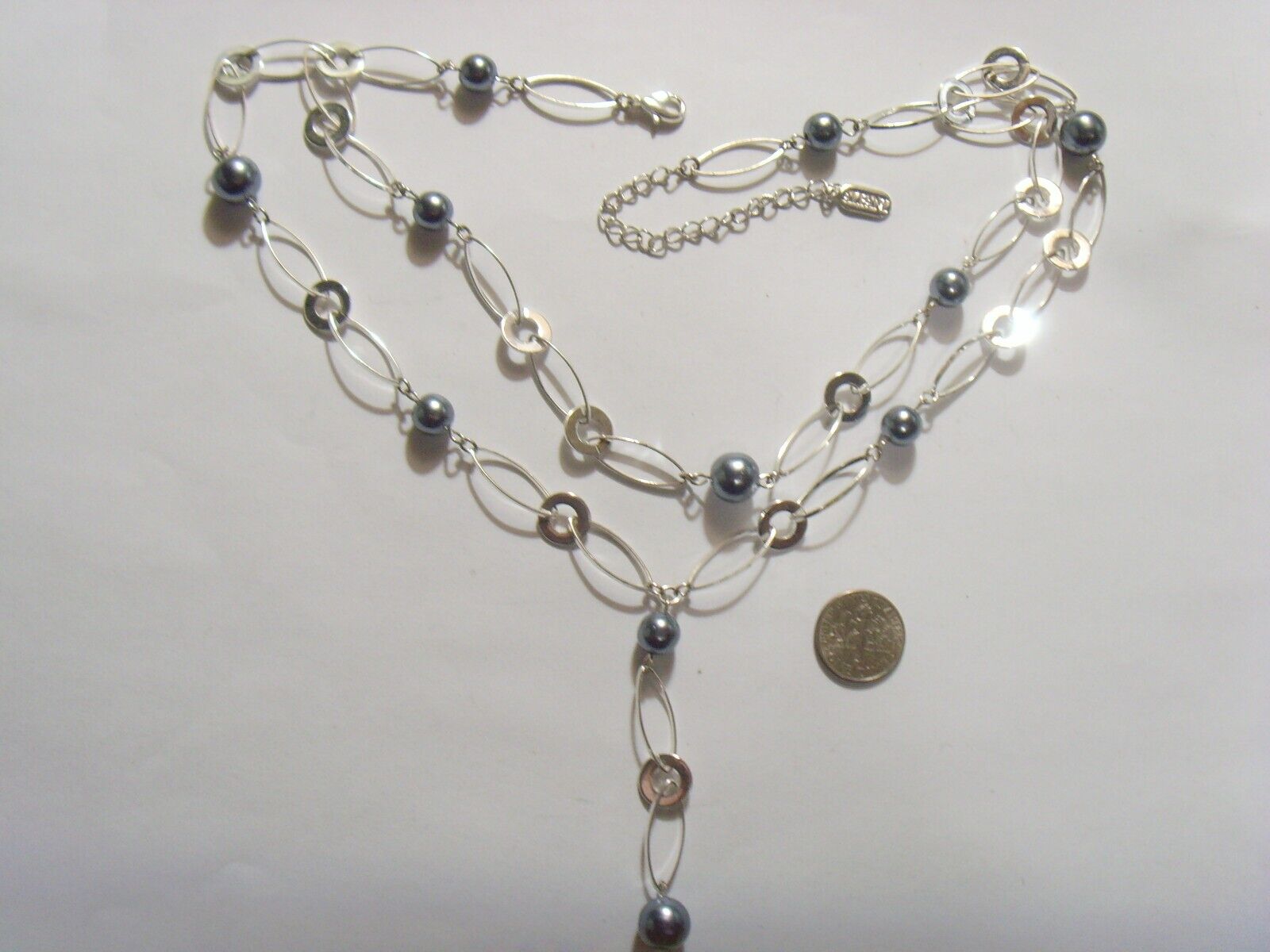 Alfani silver tone metal faux Tahitian gray pearls Yoni motif necklace FC1109