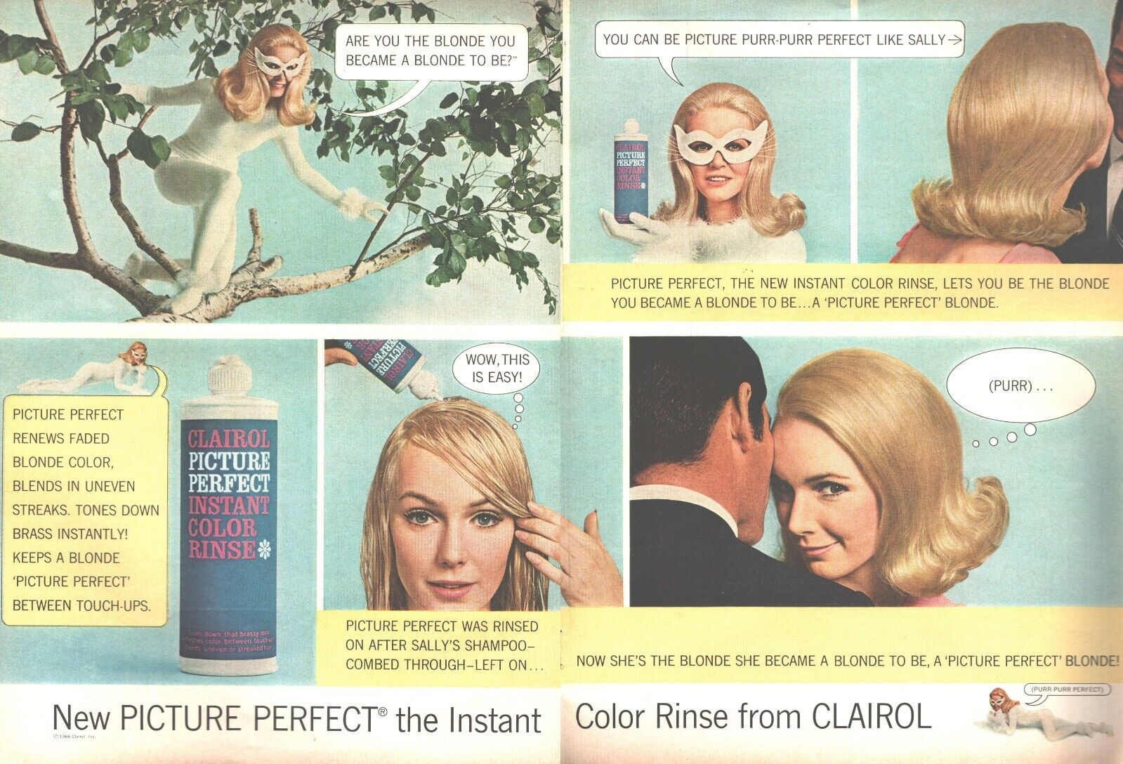 1966 Clairol Hair Coloring TWO PAGE Vintage Print Ad Sally Cat Woman