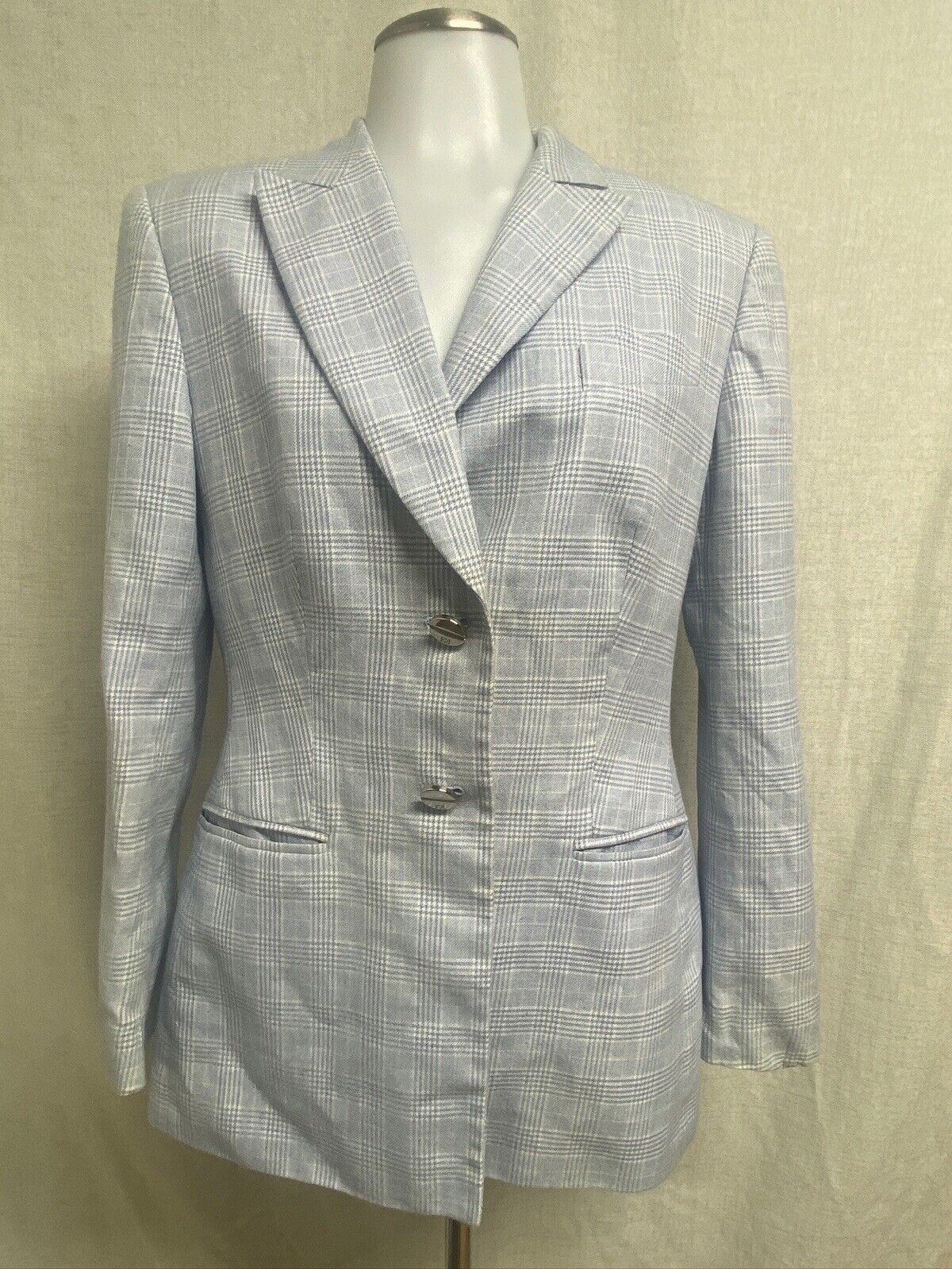 ESCADA blue white cotton plaid silver button front blazer jacket sz L