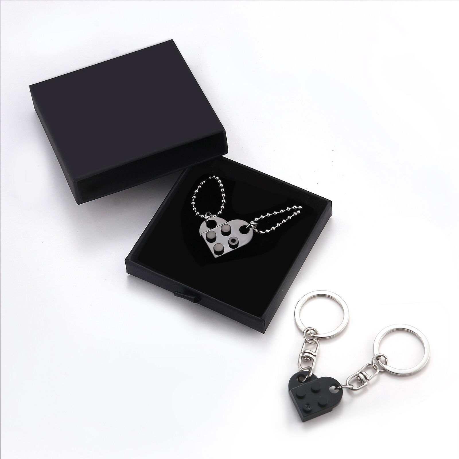 4pcs Heart Lego Couple Necklace Key Ring Keychain Set Valentine's Day Gift