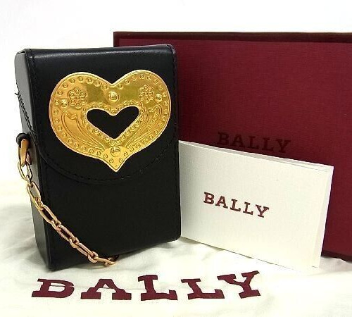 BALLY cigarettes case black gold leather heart with box