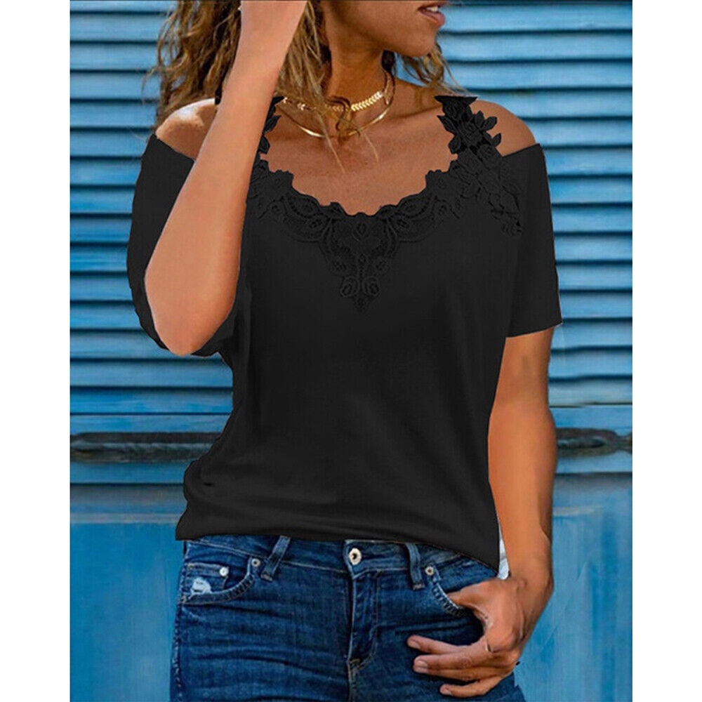 Plus Size Women V-Neck Cold Shoulder Tops Short Sleeve Casual Blouse T-Shirt Tee