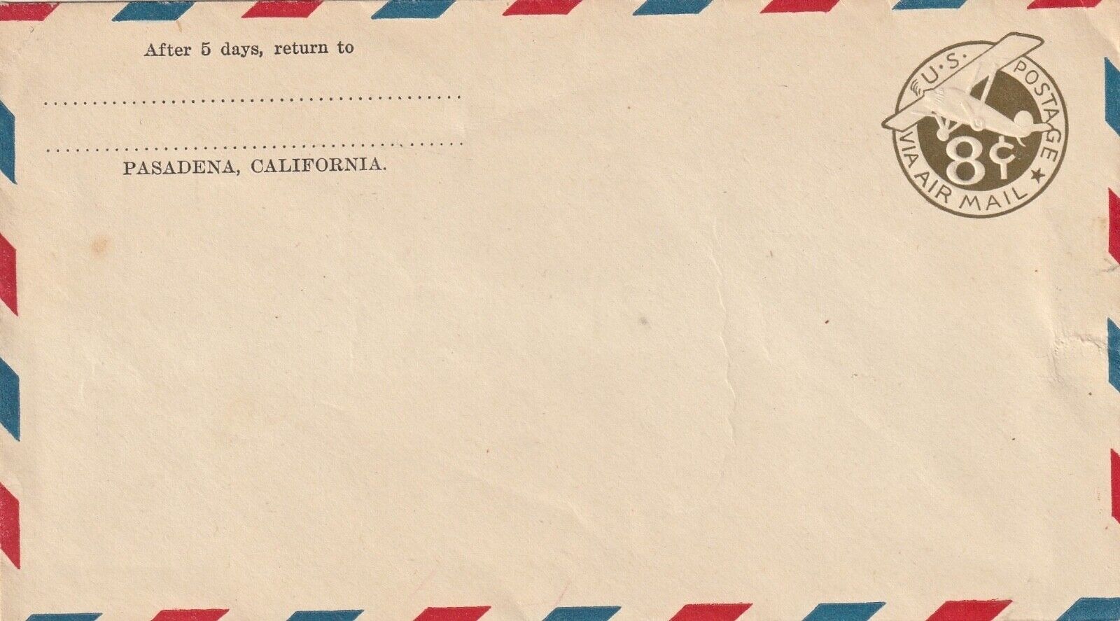 1933 VIA Air Mail 8c Postage Envelope, Unused. 6 3/4\