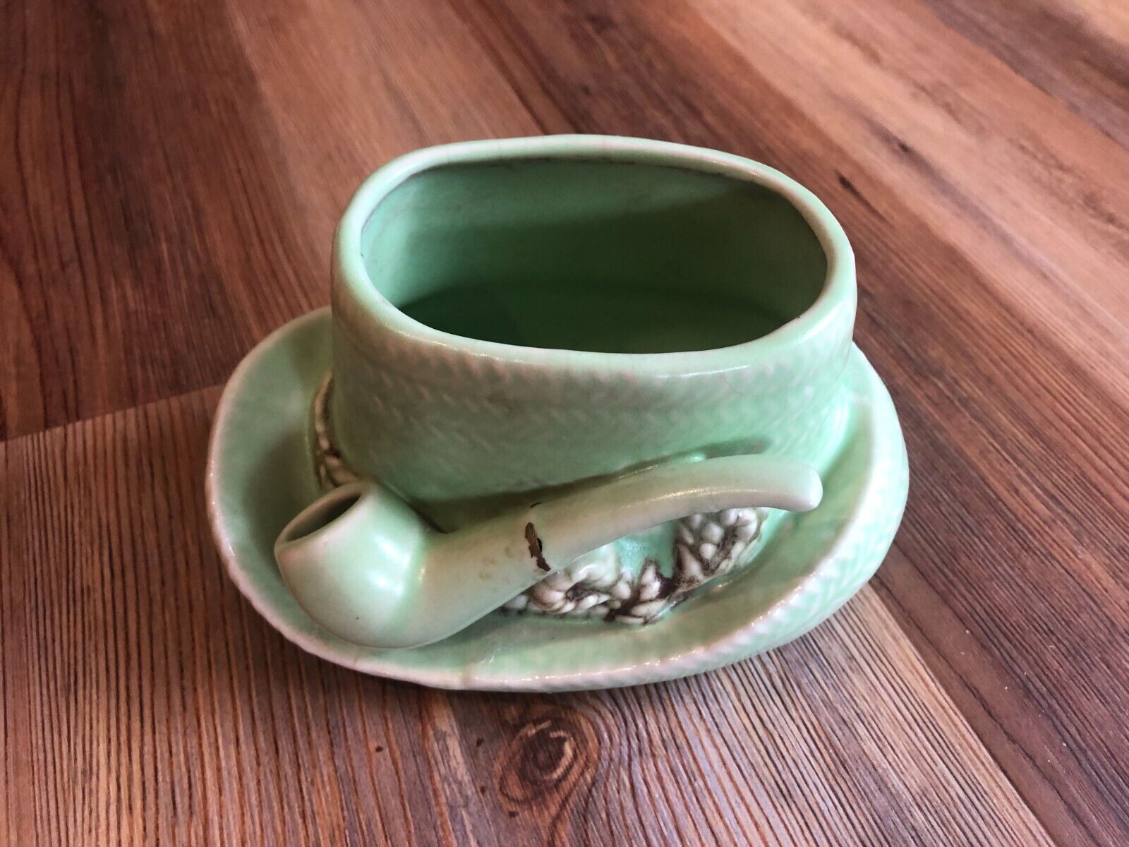 Lefton Green Hat and Pipe Planter Vintage Ceramic Study Office Man Cave Decor
