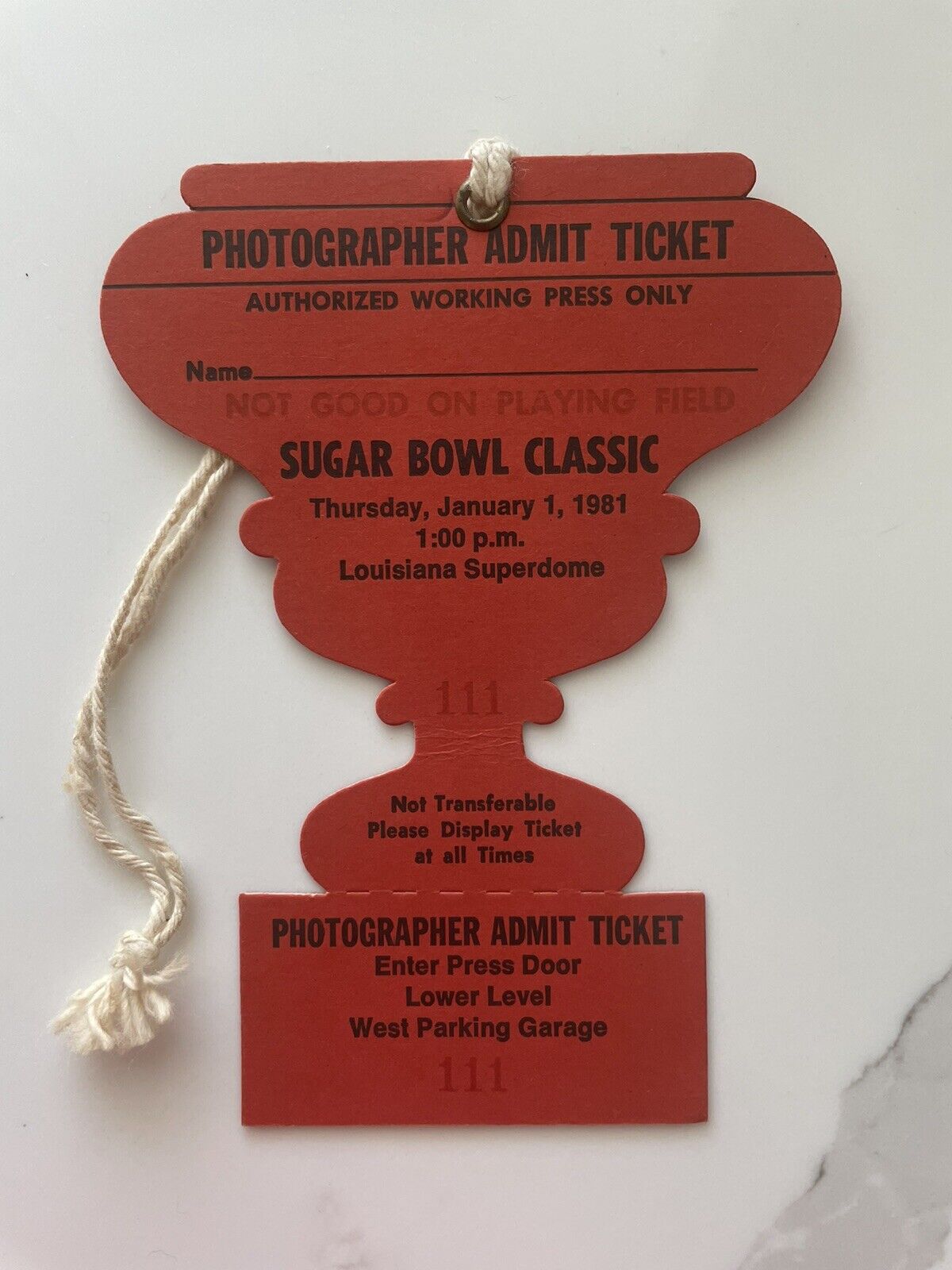 Vintage 1981 Sugar Bowl Press Credential Notre Dame v. Georgia (H. Walker)