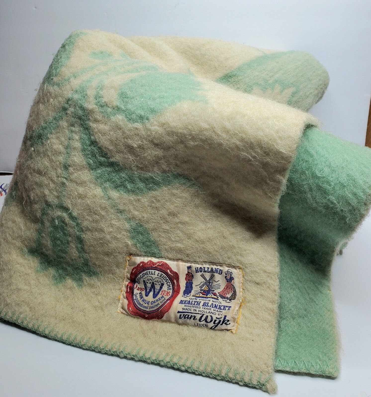 Vintage Van Wyk Health Blanket 100% Wool Holland Green Tulip Twin Leiden 81x58