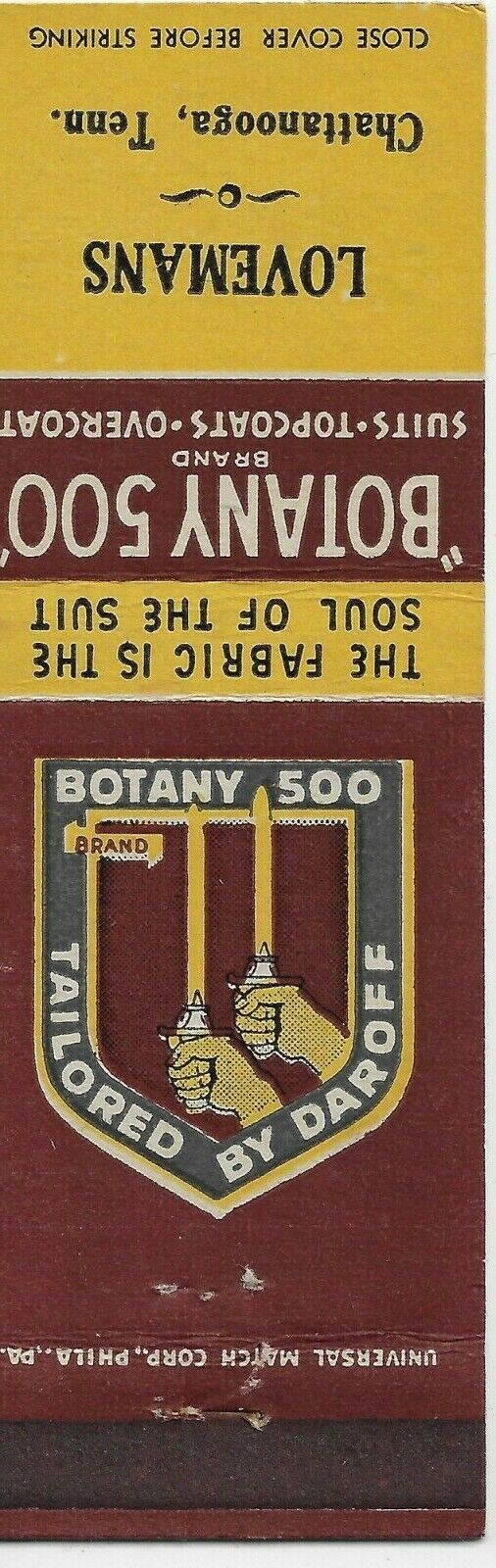Botany 500 Suits Lovemans Chattanooga Tenn. Empty Matchcover