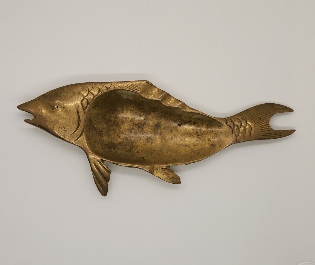Carp Fish Brass Footed Ashtray Vintage  9 inch Patina Men\'s Gift