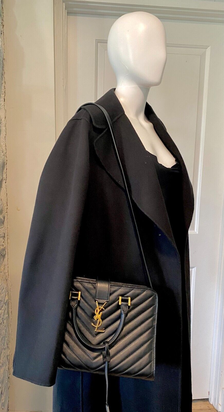 $1195.00 Authentic Yves Saint Laurent Chevron bag, Black w/gold. Freeship