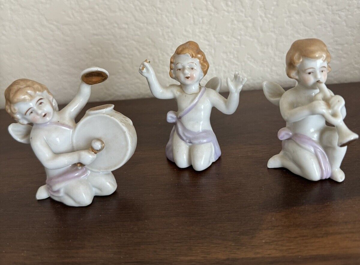 Vintage Japan 3 Piece Porcelain Angel Figurines Playing Musical Instruments