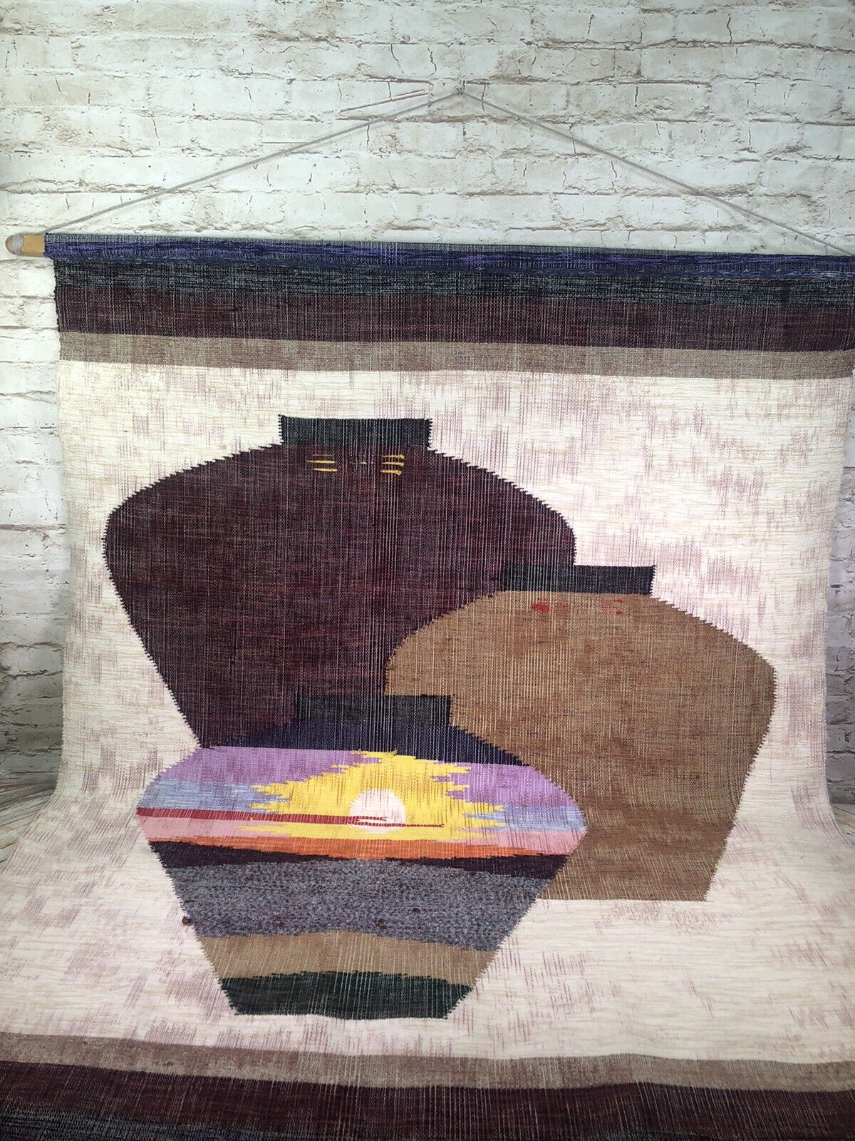 Vtg Southwestern Handwoven Rug Tapestry Wall Hanging Jar Pottery Design 40x55