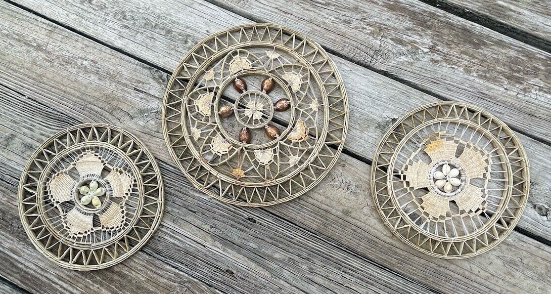 Woven Straw Round Boho Wall Hangings With Center Shells Set Of 3 One 11” Two 9”