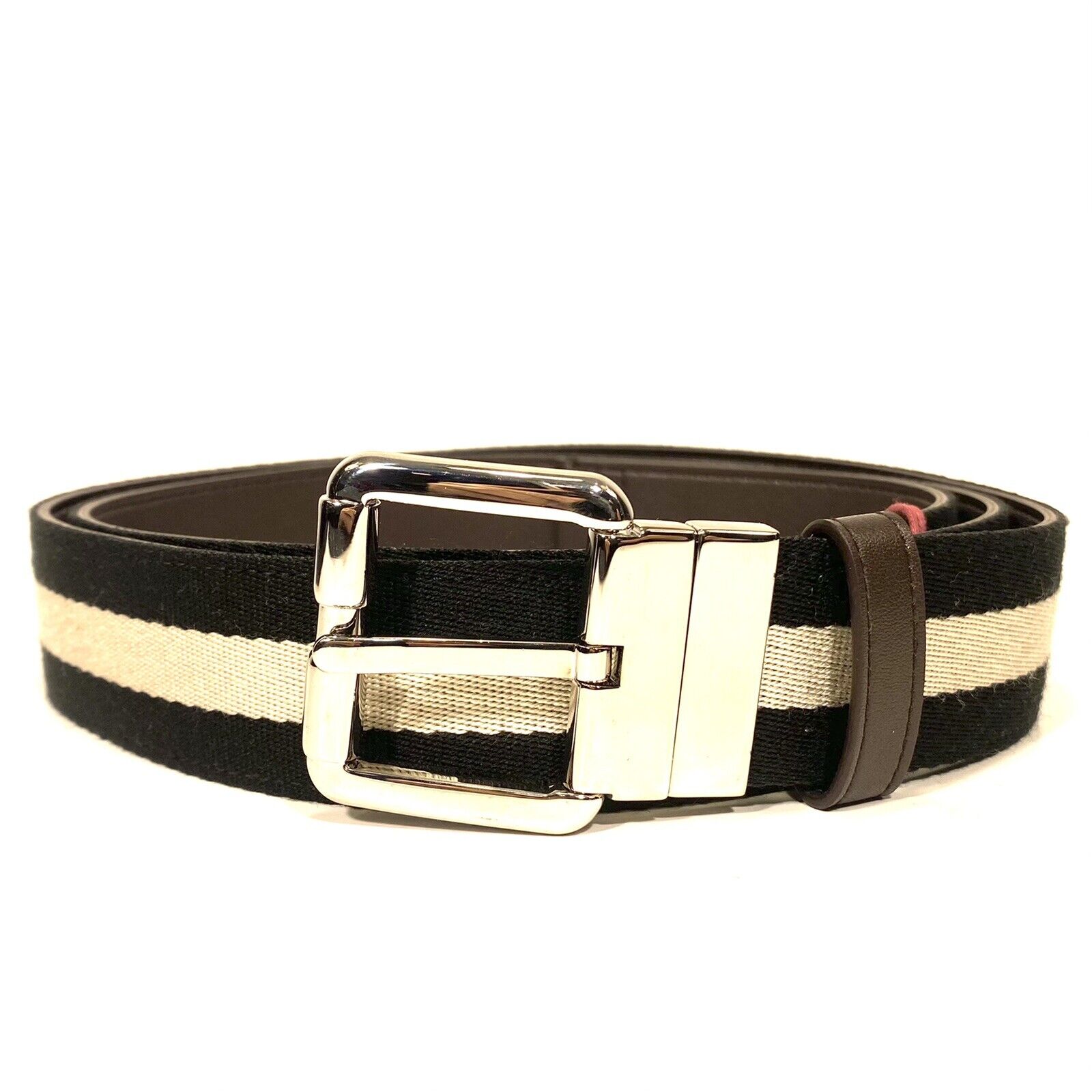 BALLY Mens Throw Reversible Leather Canvas Logo Stripe Belt Black (MSRP $340)