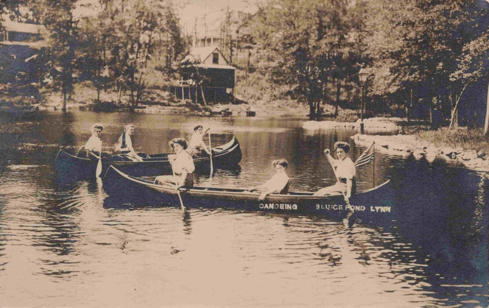 c1910 RPPC Lynn Massachusetts Canoeing on Sluice Pond Essex County MA Postcard