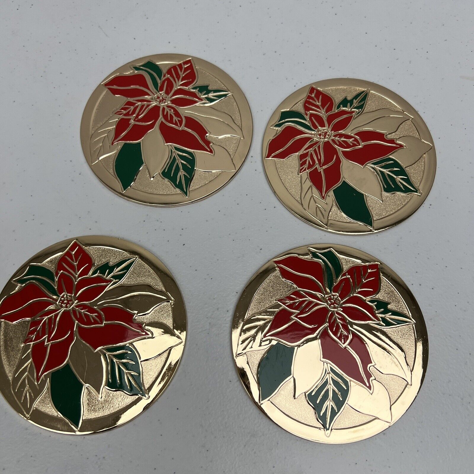 4 Christmas Poinsettia Flower Round Brass Coasters
