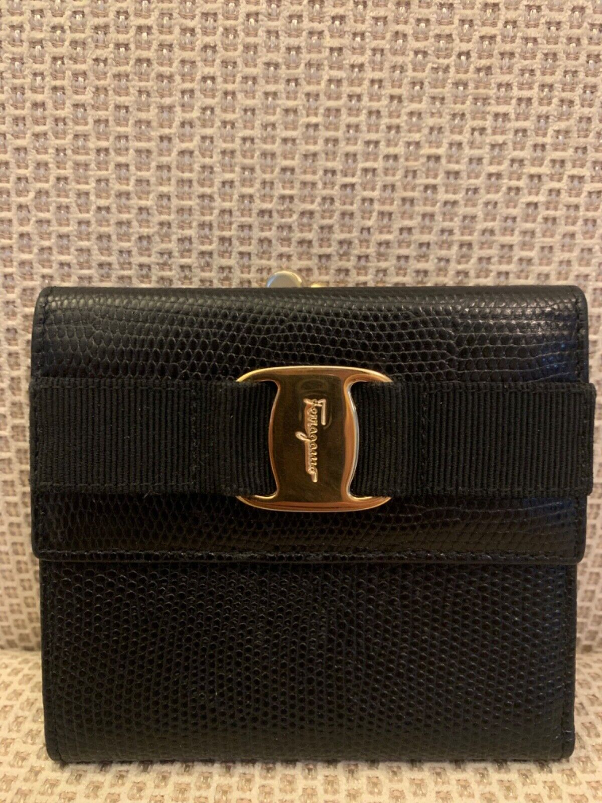 Authentic Salvatore Ferragamo Vara Black Leather Trifold Wallet