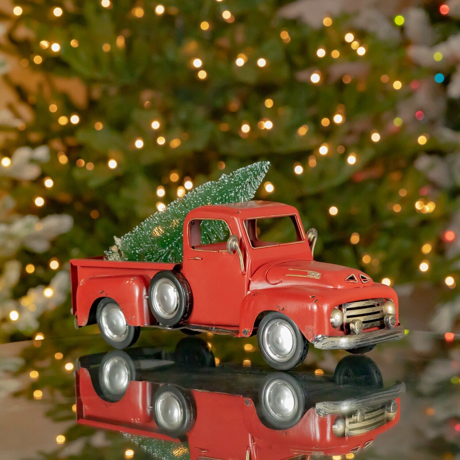 16 Inch Long Distressed Red Pickup Truck with Tree