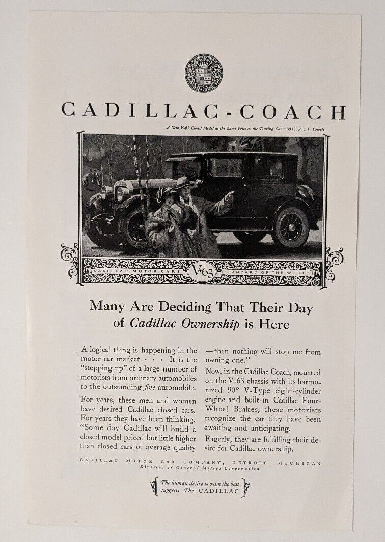 1923 Cadillac Coach V-63 Closed Model Vintage Print Ad Rare EUC Original