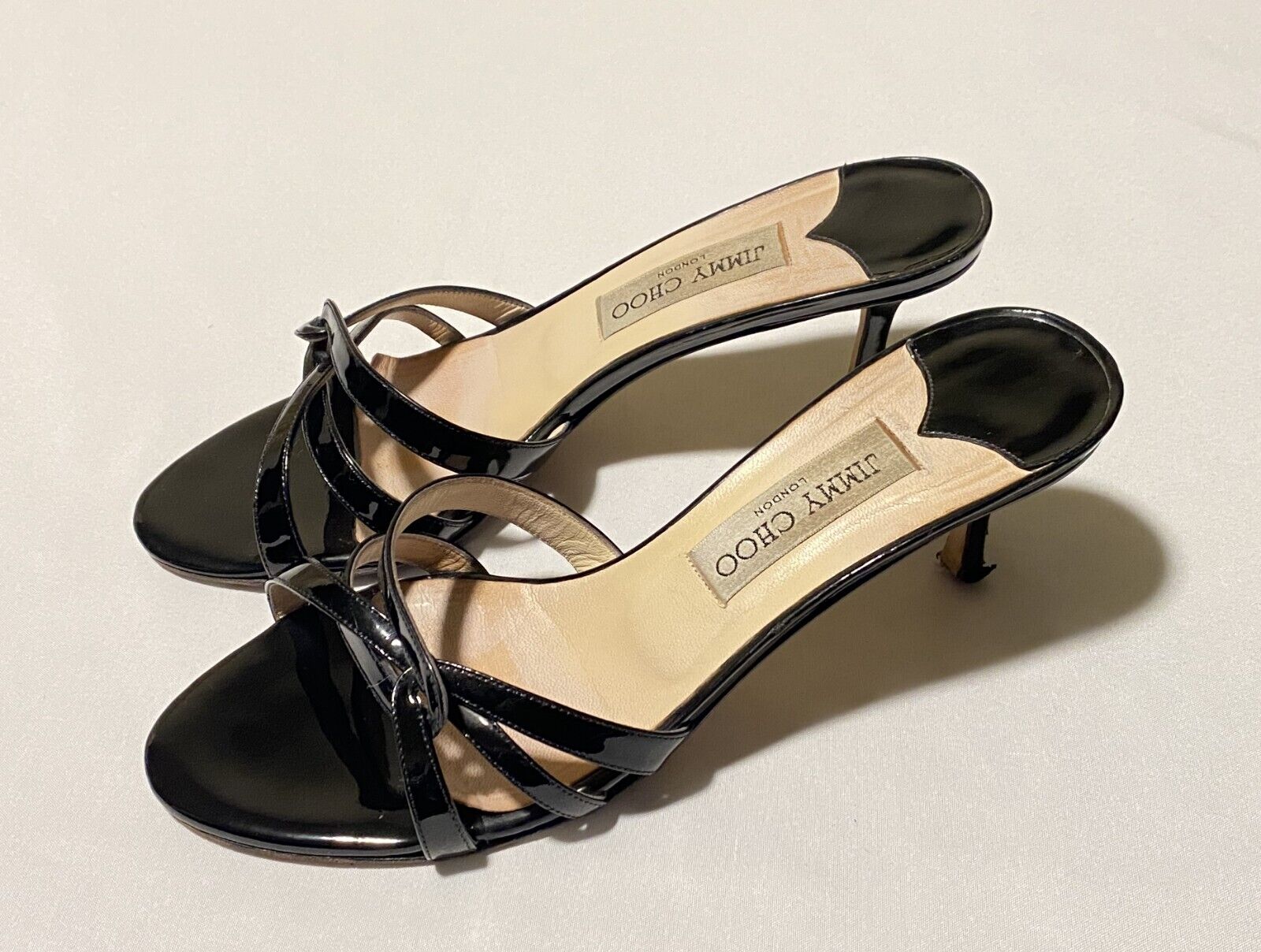 Jimmy Choo Patent Black Sandals Heels Women Shoes Size 37.5 - US 7.5 Made Italy